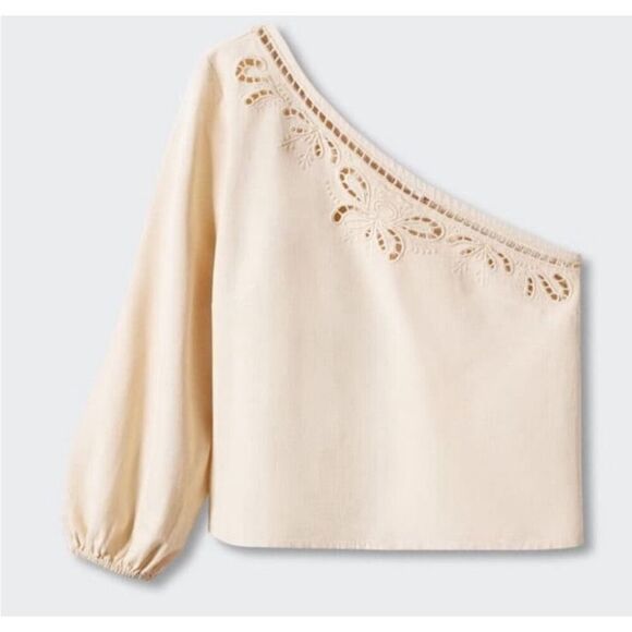 Mango Asymmetrical Embroidered Open Work One Shoulder Top S Ecru - Picture 5 of 11